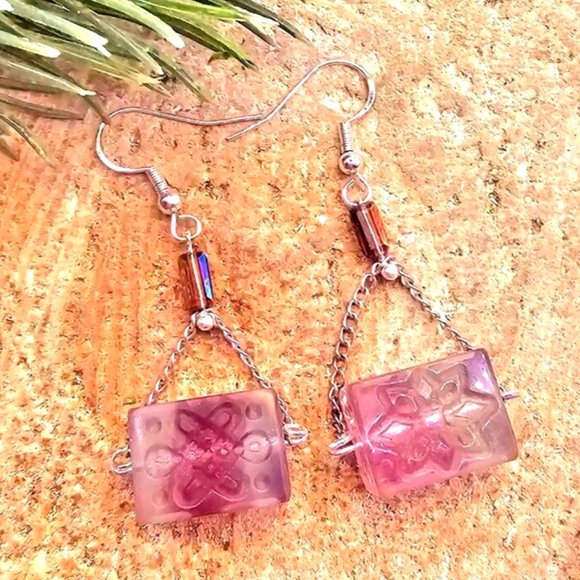 Nature Fluorite  Fret Symbols Block 925 Dangle Earring - Picture 2 of 10